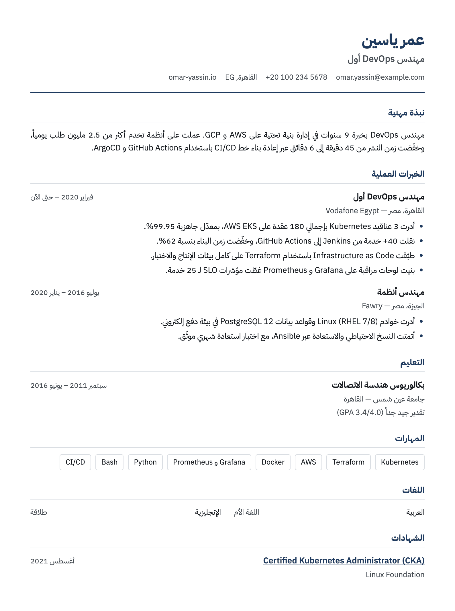 سيرة ذاتية عربية تحوي أسماء شركات إنجليزية ومصطلحات تقنية